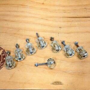 Vintage Clear Glass Drawer Pulls Hexagonal Fluted Cabinet Knobs Set of 8